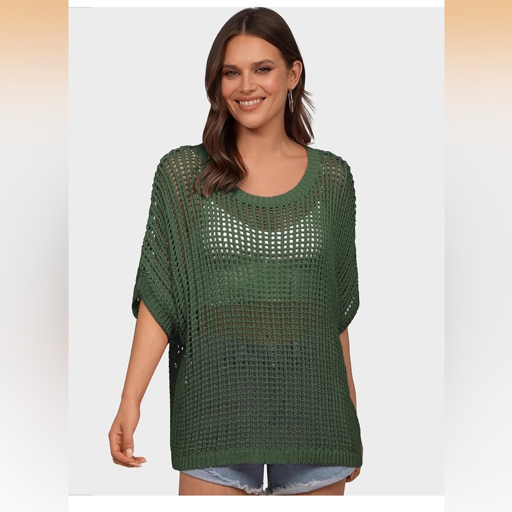 UHU crocheted short sleeve mesh Green Knit Sweater trendy top - Picture 8 of 15